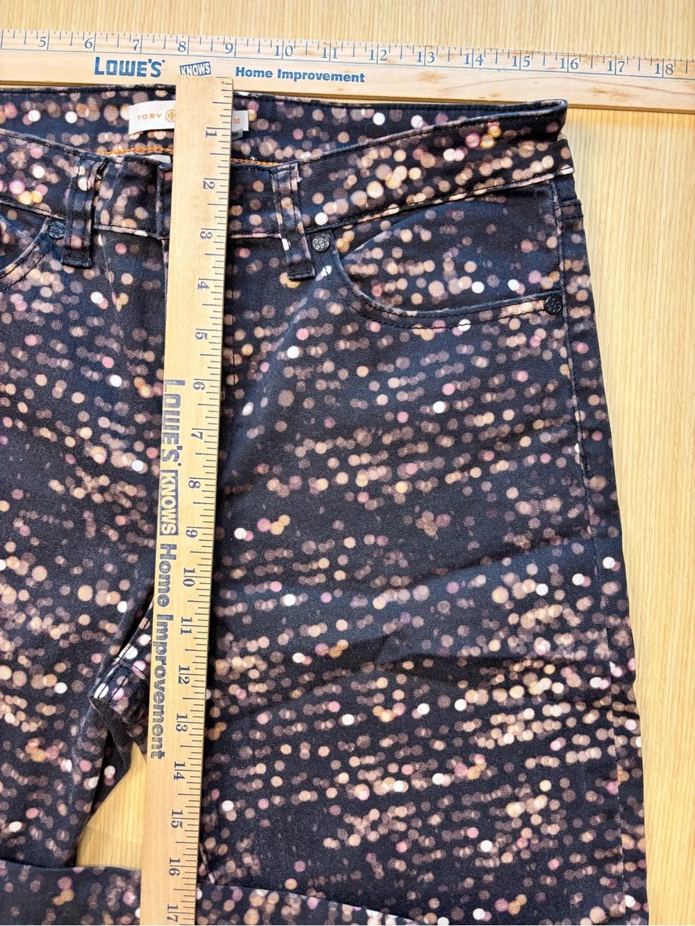 Tory Burch Night City Light Printed Skinny Jeans Black Gold Blurred Bokeh Dot 30
